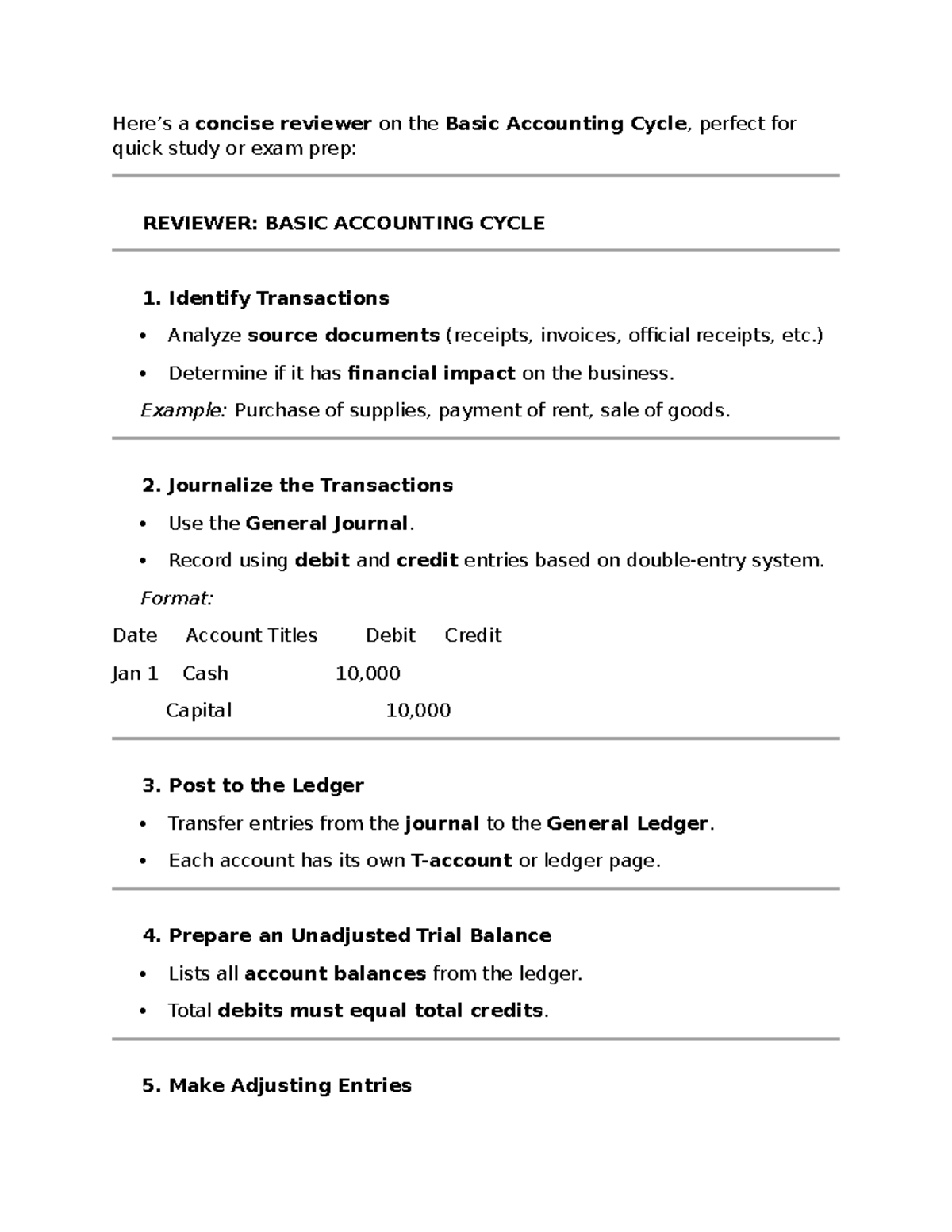 REVIEWER: BASIC ACCOUNTING CYCLE (ACCT 101) - Quick Study Guide - Studocu