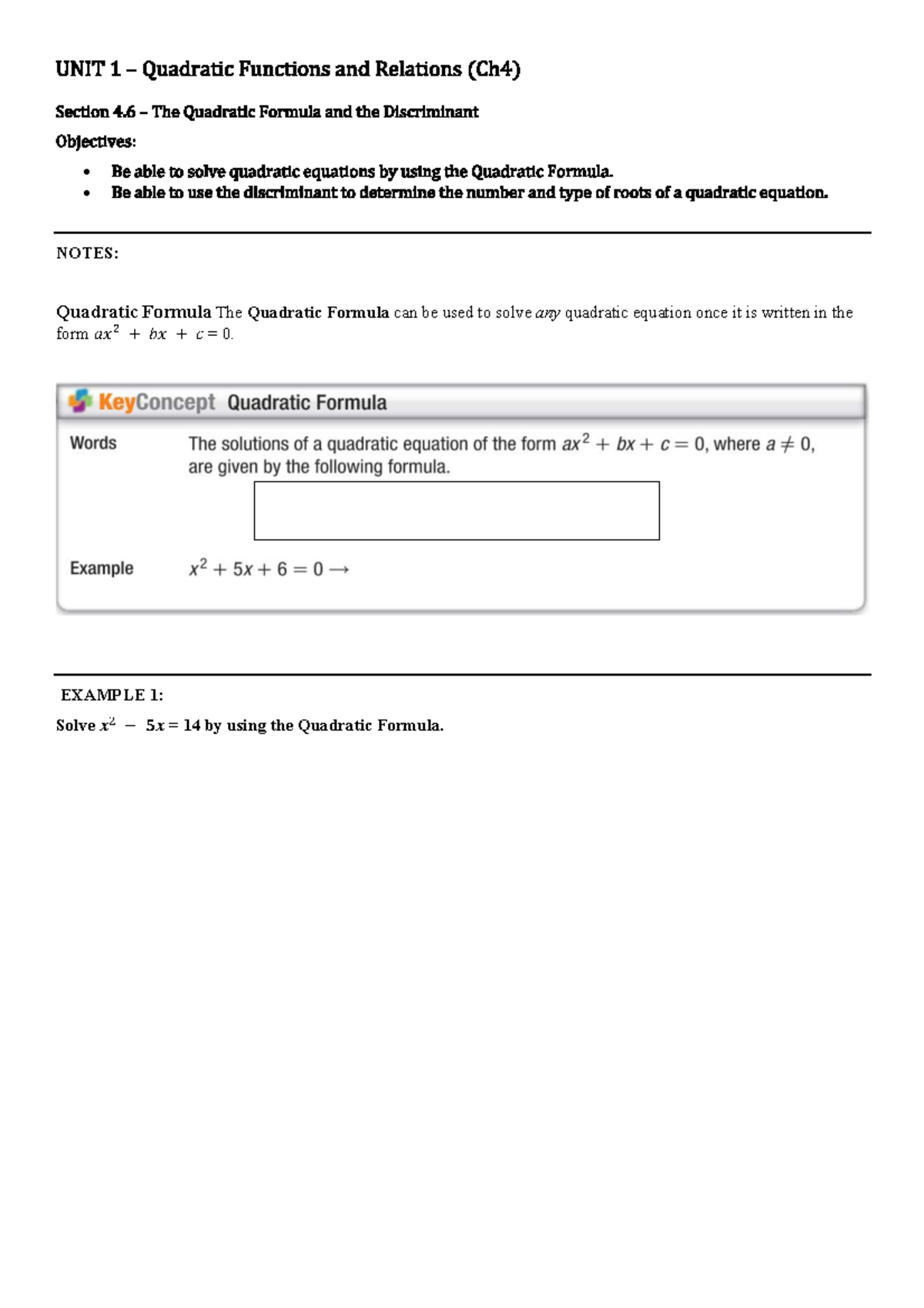 UNIT 1: Quadratic Functions & The Quadratic Formula (Ch4, Sec 4.6 ...