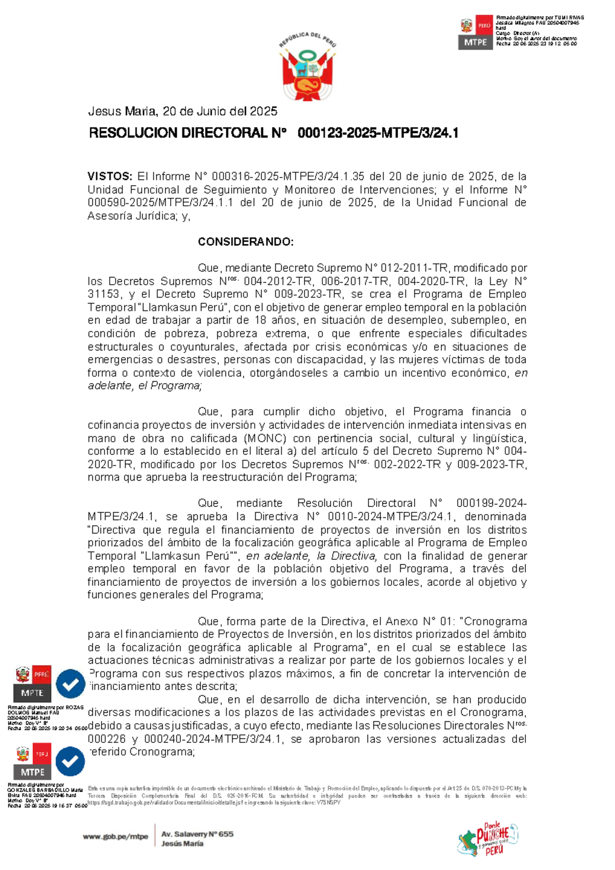 Resolución Directoral 000123-2025 del Programa de Empleo Temporal FAU ...