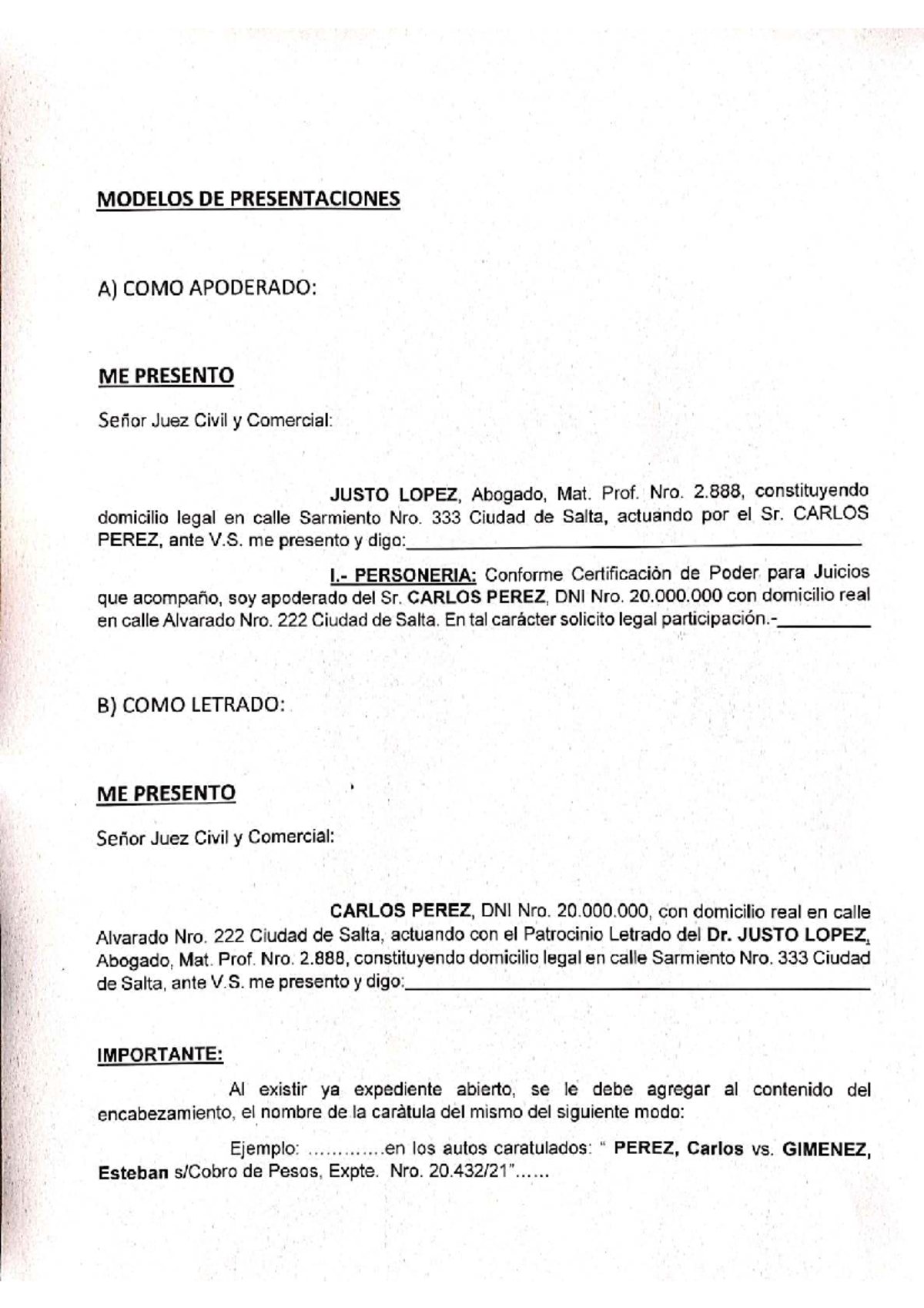Modelo de Presentación Judicial: Apoderado y Letrado - Studocu