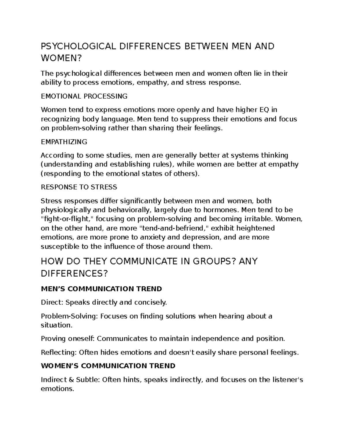 PSY 101: Psychological Differences Between Men and Women - Studocu