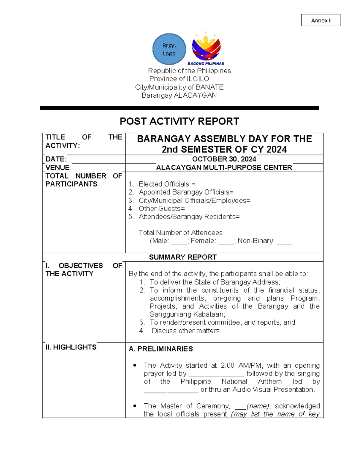 Barangay Assembly Day Post Activity Report Template - CY 2024 - Studocu