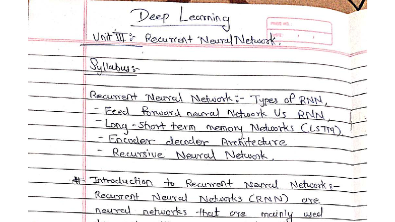 Deep Learning Unit 3: Understanding Recurrent Neural Networks - Studocu