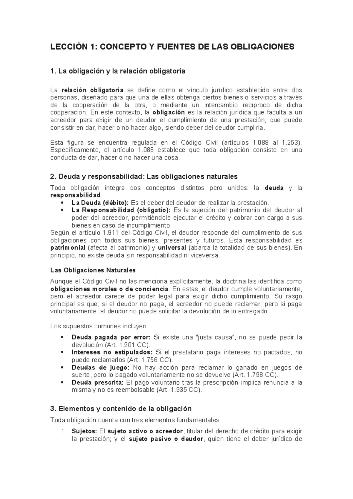 TEMA 1: CONCEPTO Y FUENTES DE LAS OBLIGACIONES - LECCIÓN 1 - Studocu