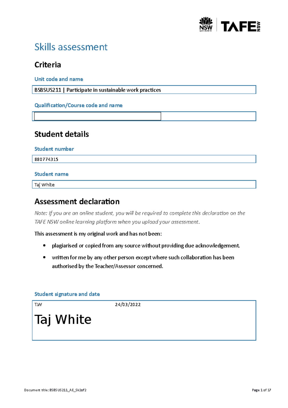 BSBSUS211 AE Skills Assessment - Sustainable Work Practices by Taj ...