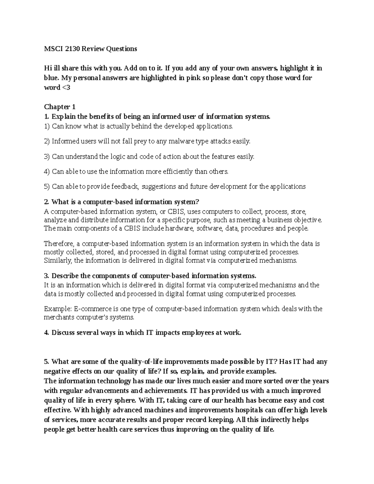 MSCI-2130 Midterm Exam Short Answer Review Questions - Studocu