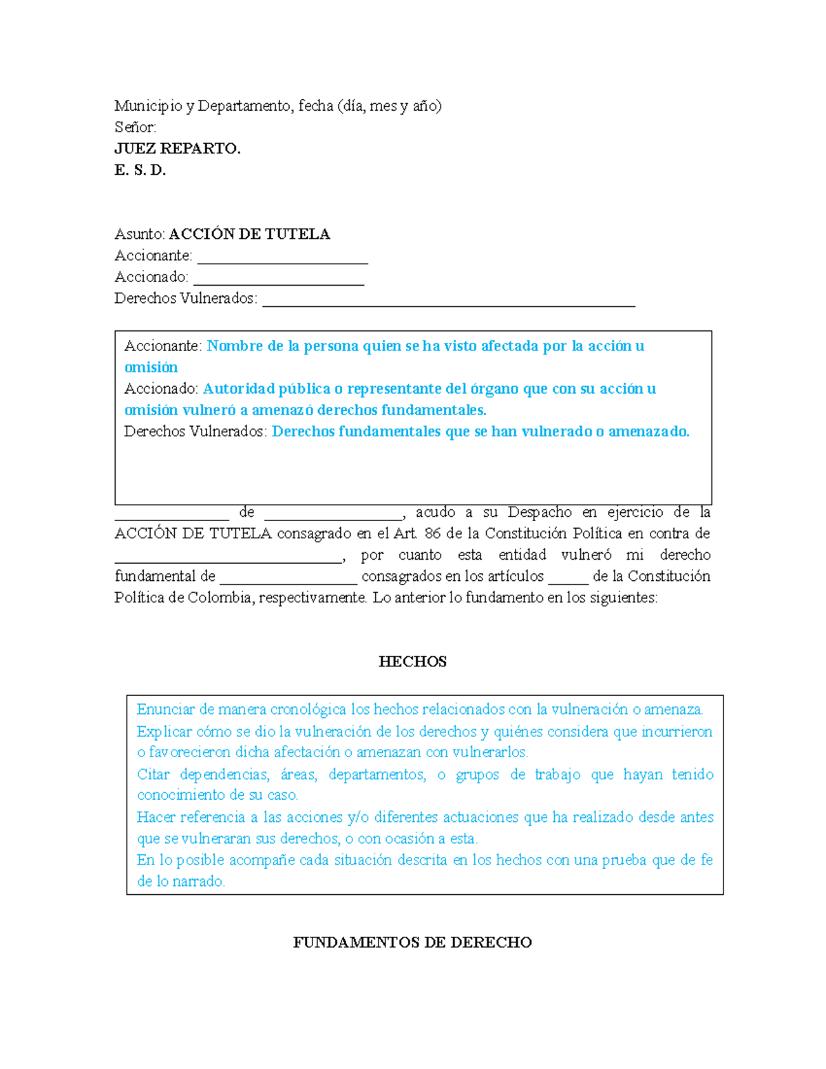 Modelo de Tutela: Formato y Proceso de Acción de Tutela - Studocu