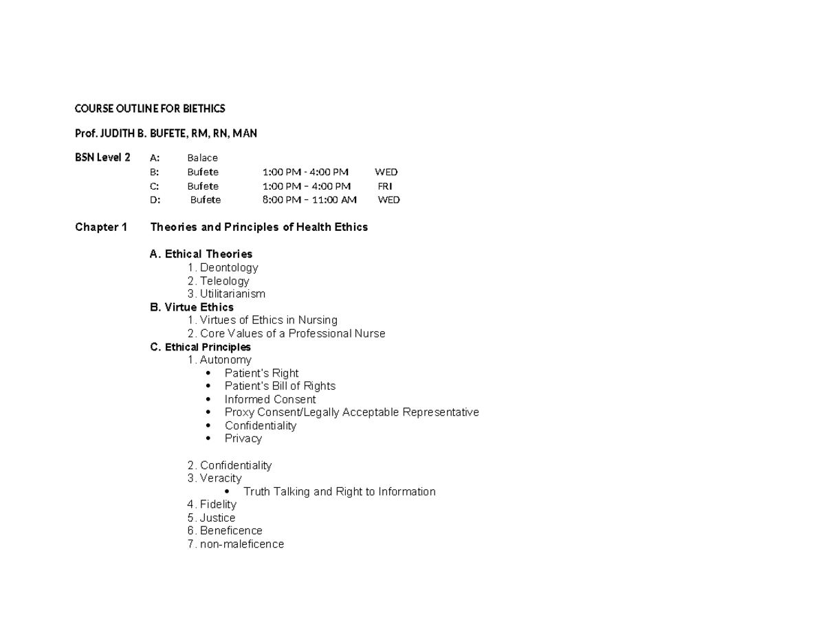 BSN Level 2: Course Outline for Bioethics by Prof. Judith B. Bufete ...