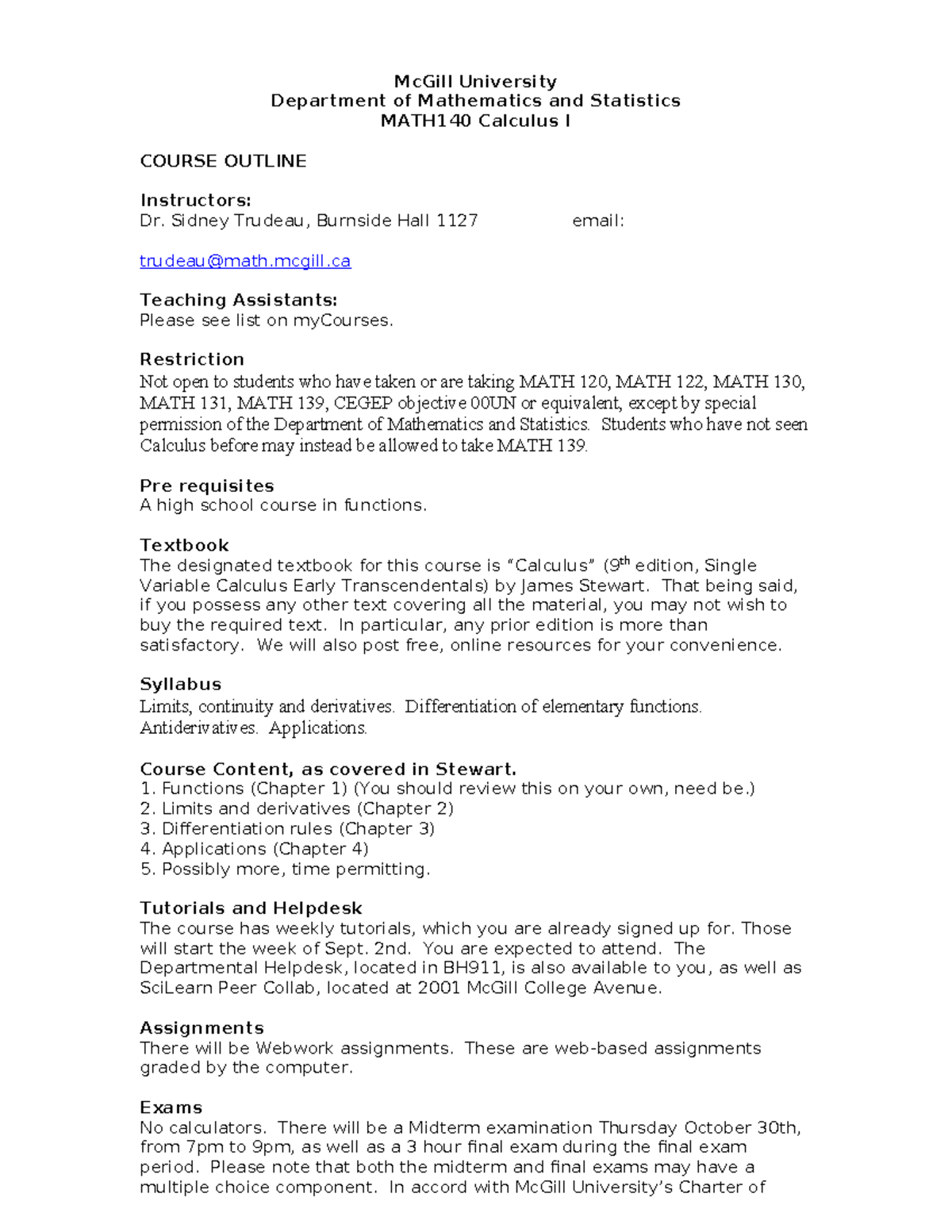 Syllabus for MATH 140: Calculus I - McGill University 2025 - Studocu