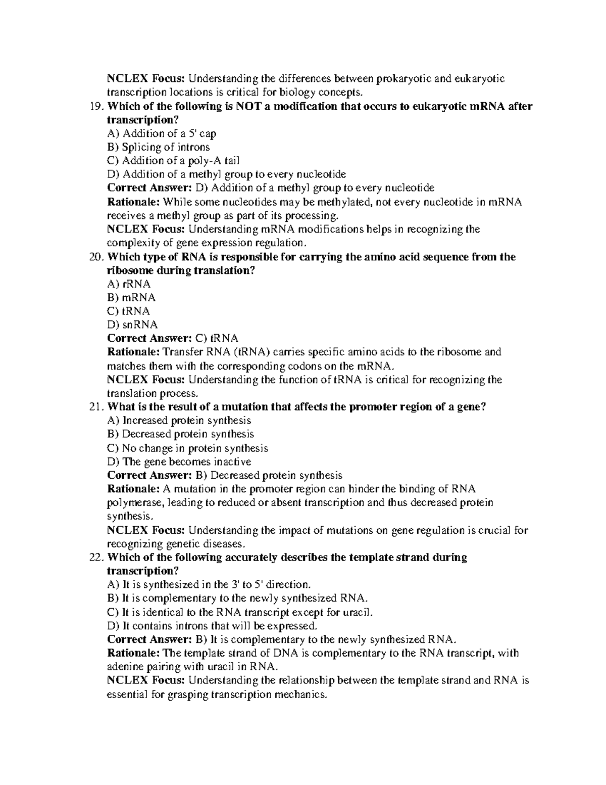 NCLEX Focus: Key Concepts in Transcription & mRNA Modifications - Studocu