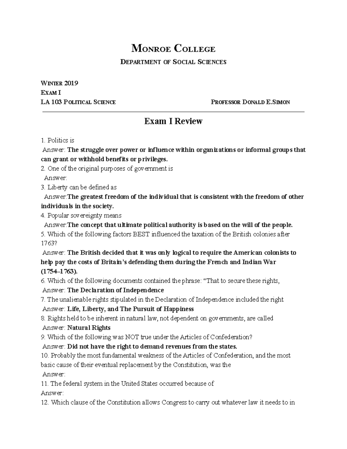 Political Science Study Guide - MONROECOLLEGE DEPARTMENT ...