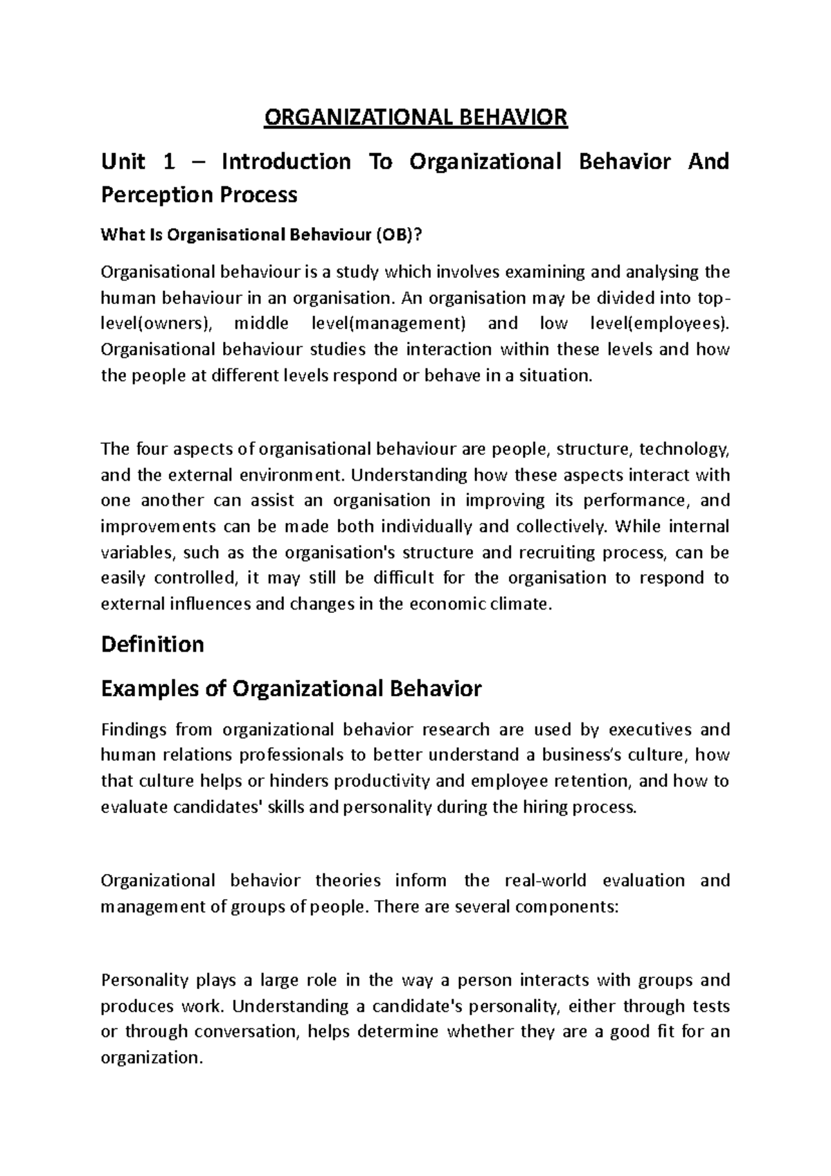 Organizational Behavior (OB) Lecture Notes: Introduction & Key Concepts ...