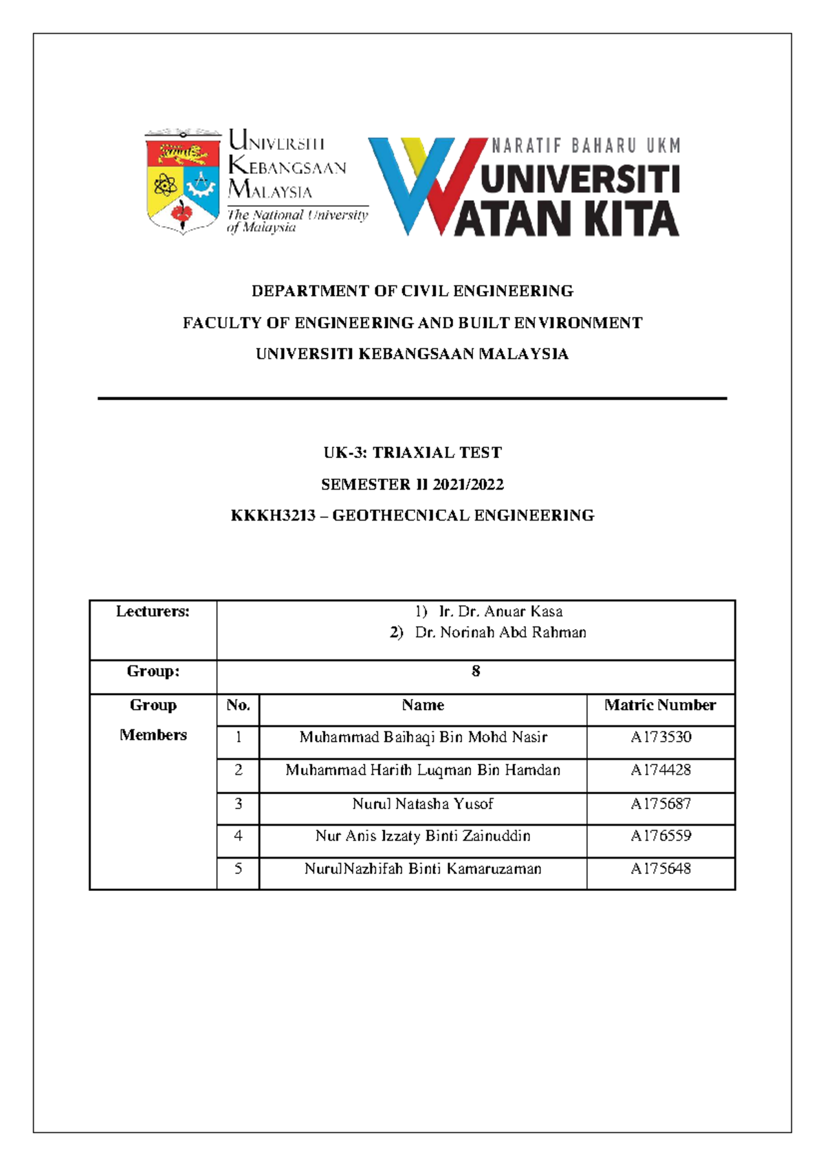 Triaxial Test Report for Geotechnical Engineering (CEG 202) - Group 08 ...