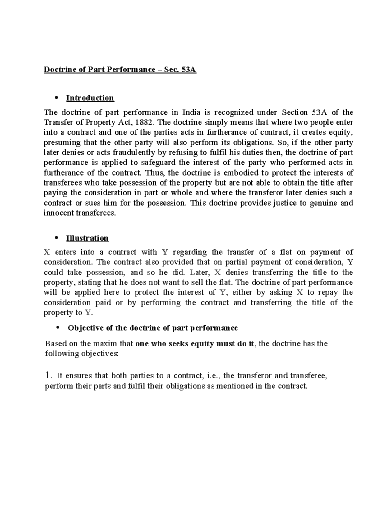 Doctrine of Part Performance Under Sec. 53A of TPA: An Overview - Studocu