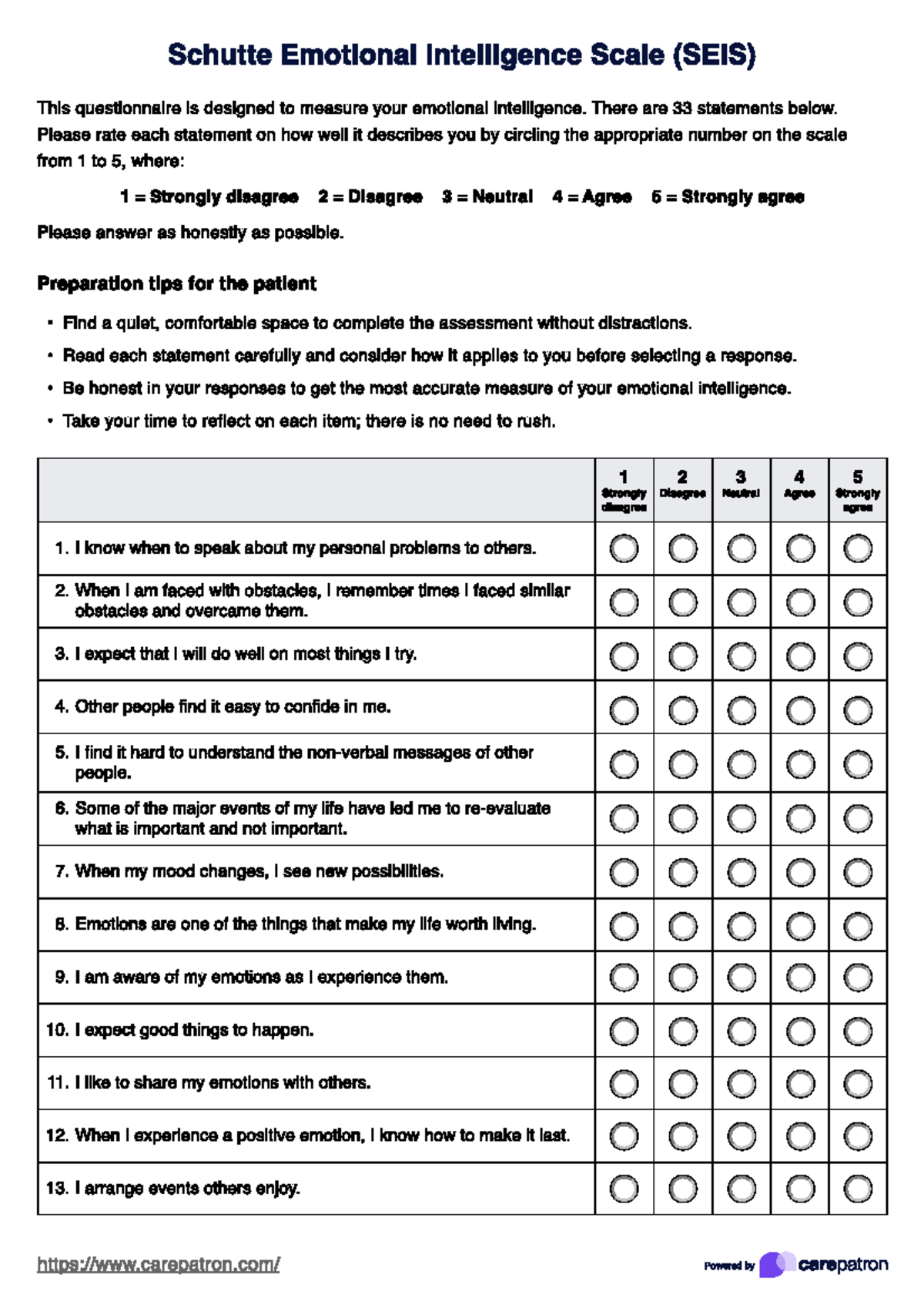 Schutte Emotional Intelligence Scale (SEIS) Questionnaire Guide - Studocu