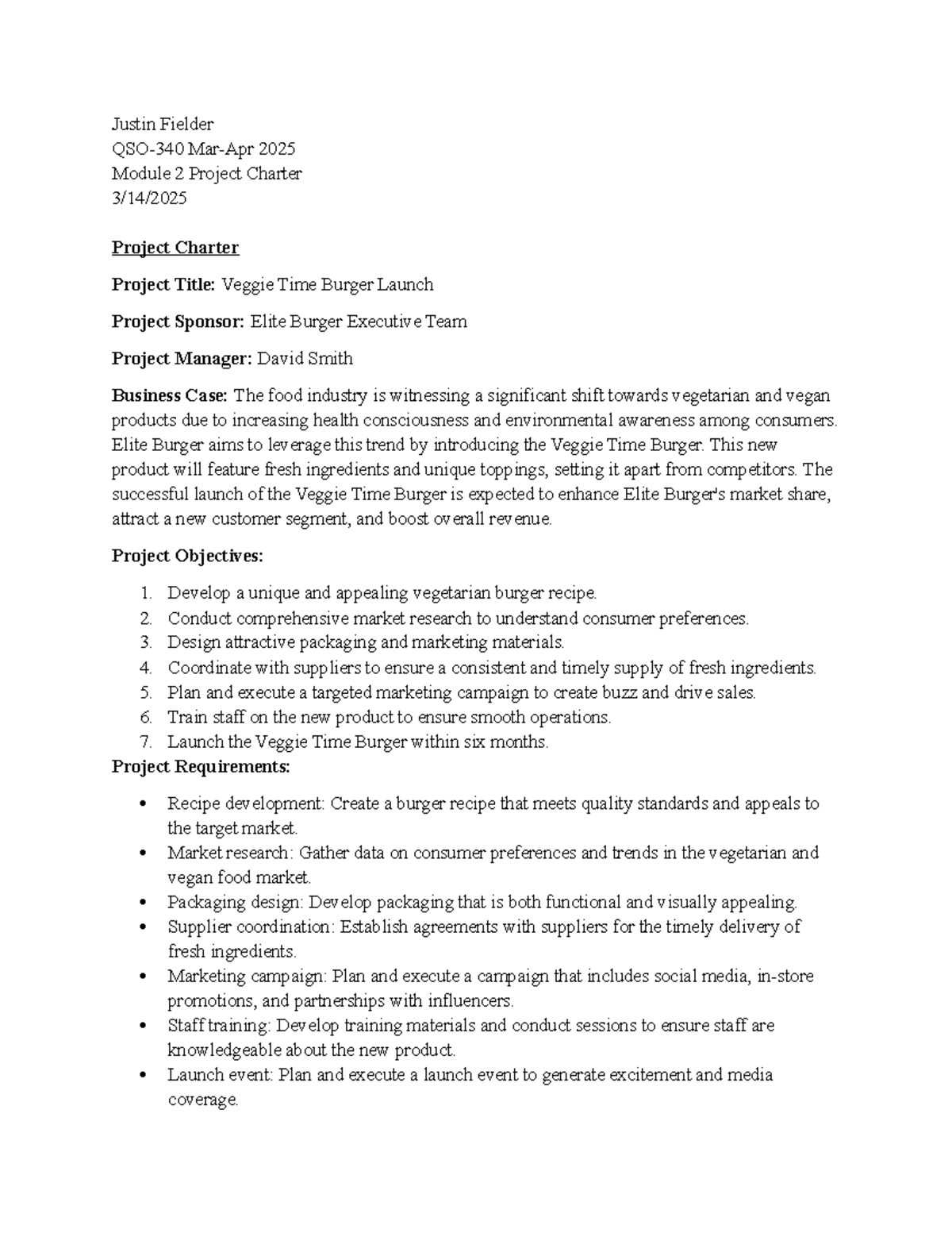 QSO-340 Module 2 Project Charter: Veggie Time Burger Launch Plan - Studocu