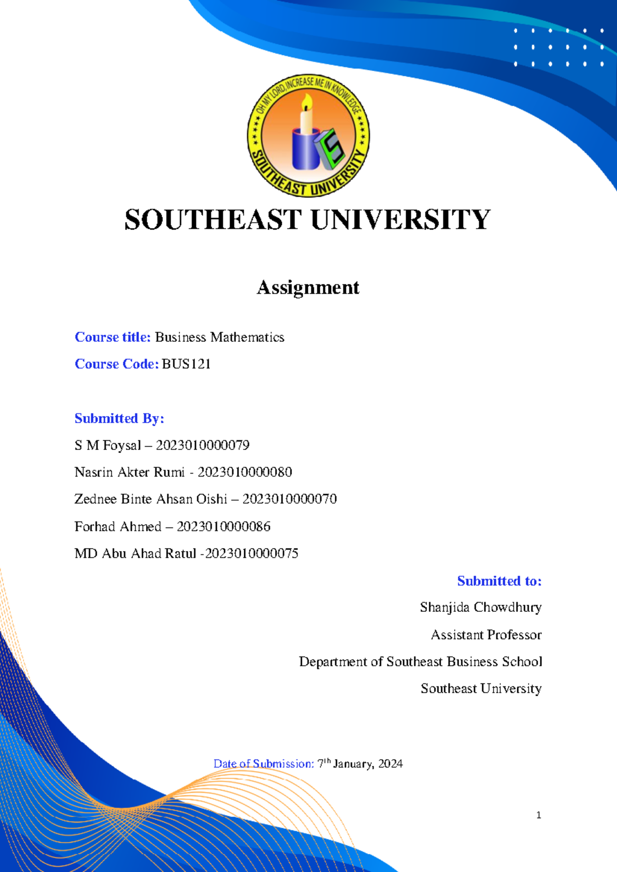 BUS121 Assignment - SOUTHEAST UNIVERSITY Assignment Course title ...