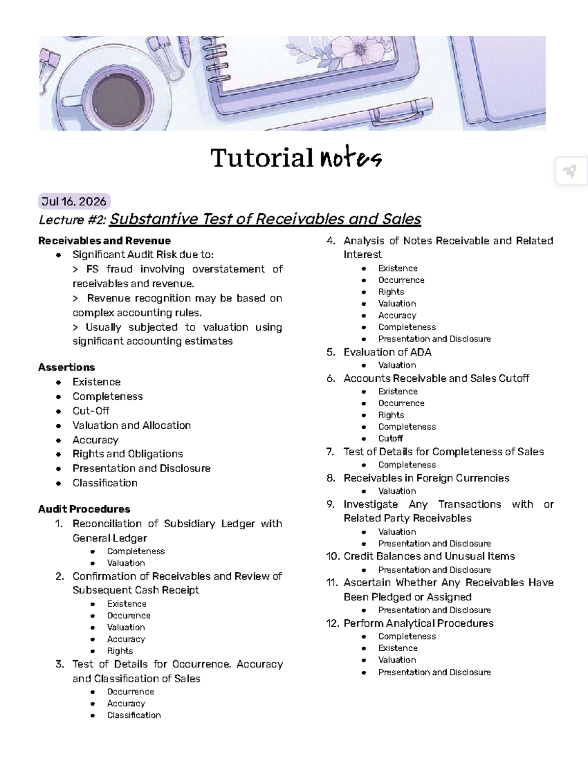 Tutorial Notes #2: Audit Risk & Receivables Analysis - Studocu