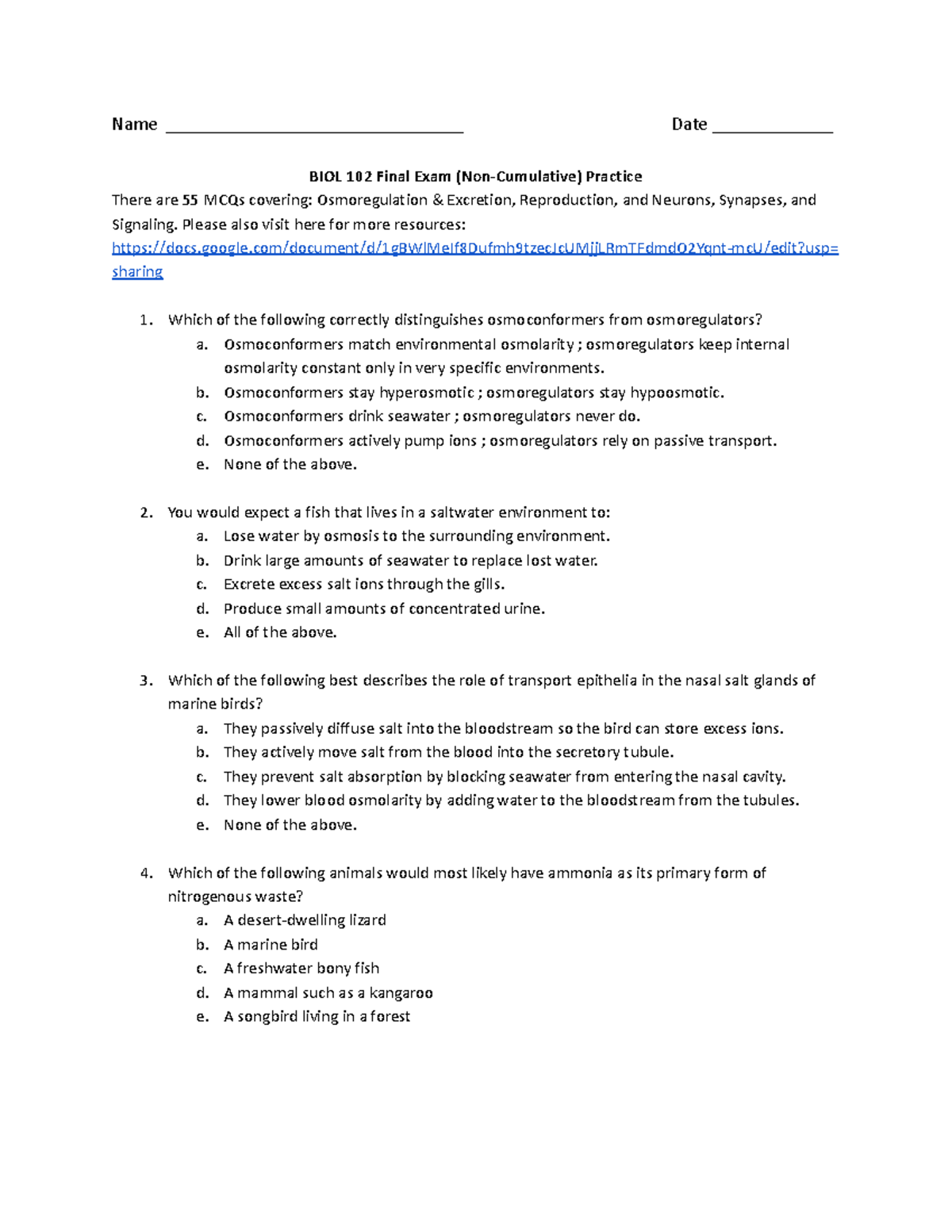 BIOL 102 Final Exam Practice: Osmoregulation, Excretion, and Neurons ...