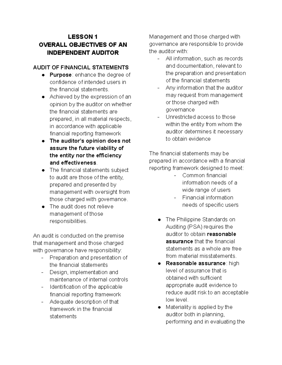 Auditing AND Assurance Princples - LESSON 1 OVERALL OBJECTIVES OF AN ...