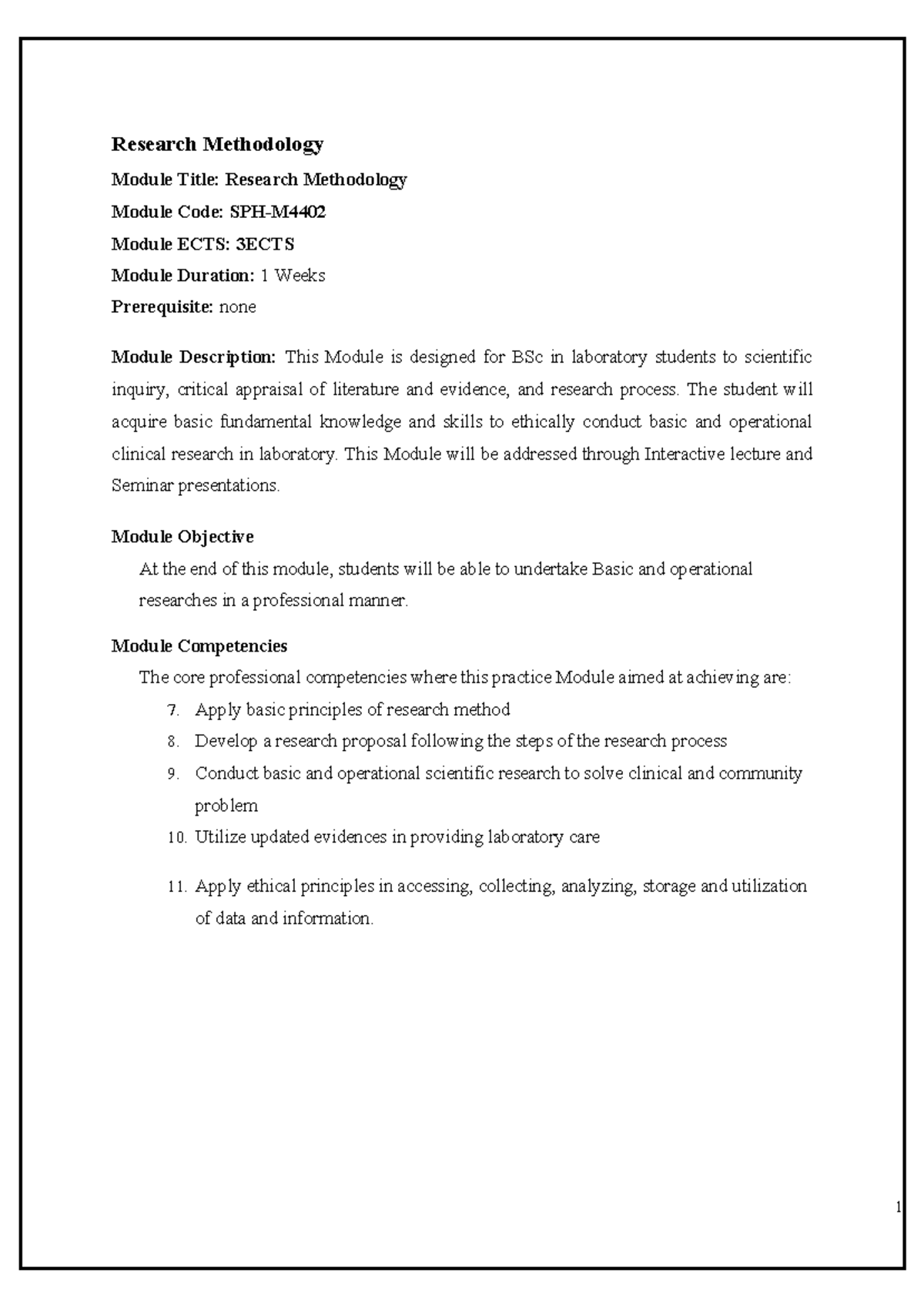 SPH-M: Research Methodology Course Outline for Laboratory Students ...