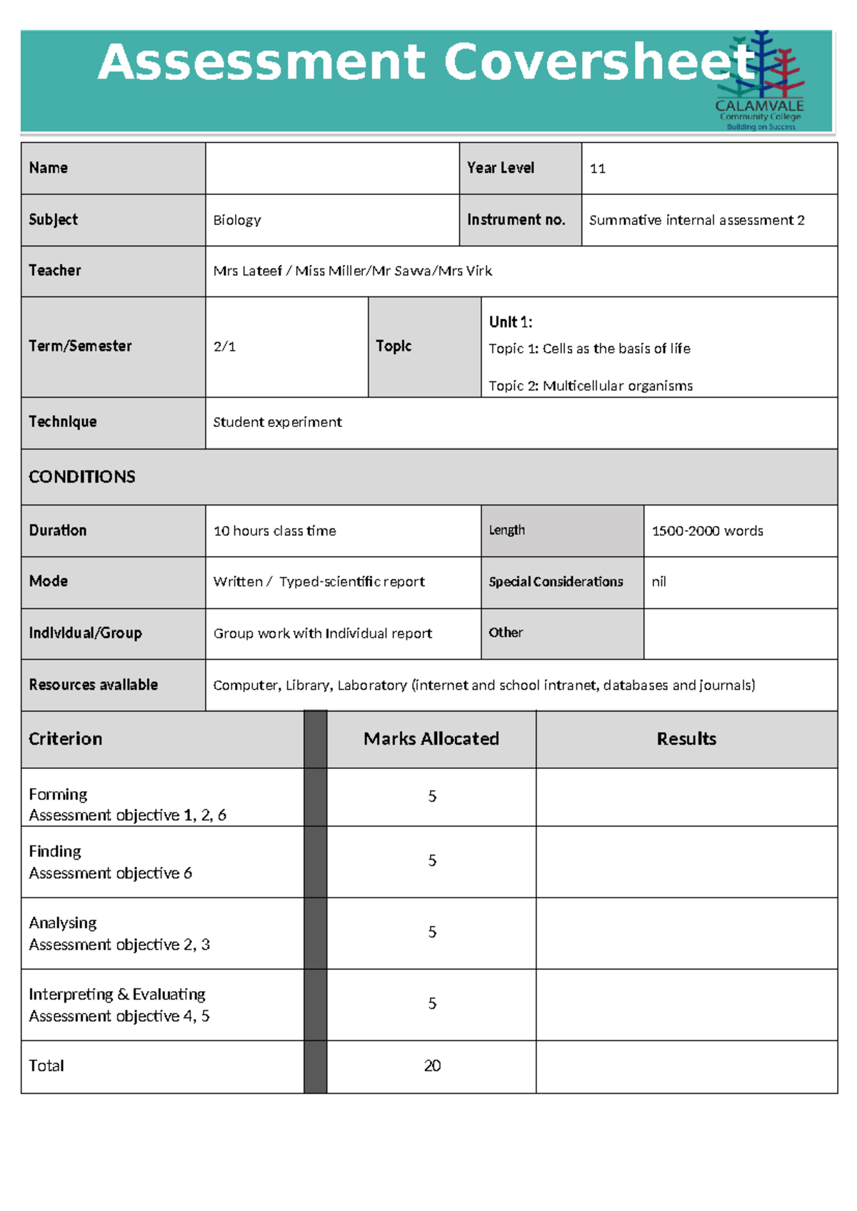 FIA2 Tasksheet 2025: Modifying Experiments in Biology Unit 1 - Studocu