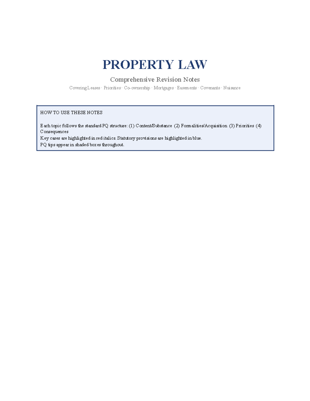 PROPERTY LAW (Course Code) Comprehensive Revision Notes on Leases ...