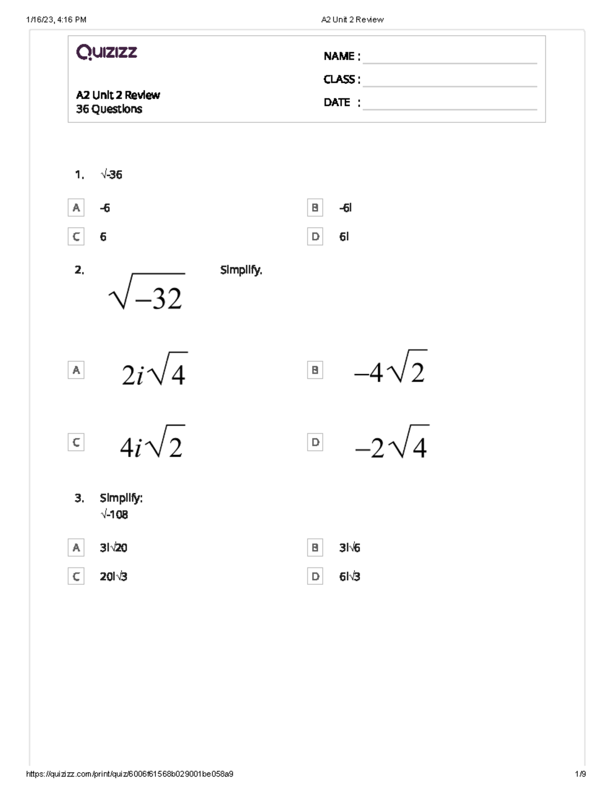 A2 Math Unit 2 Practice Review: Square Roots and Quadratics - Studocu