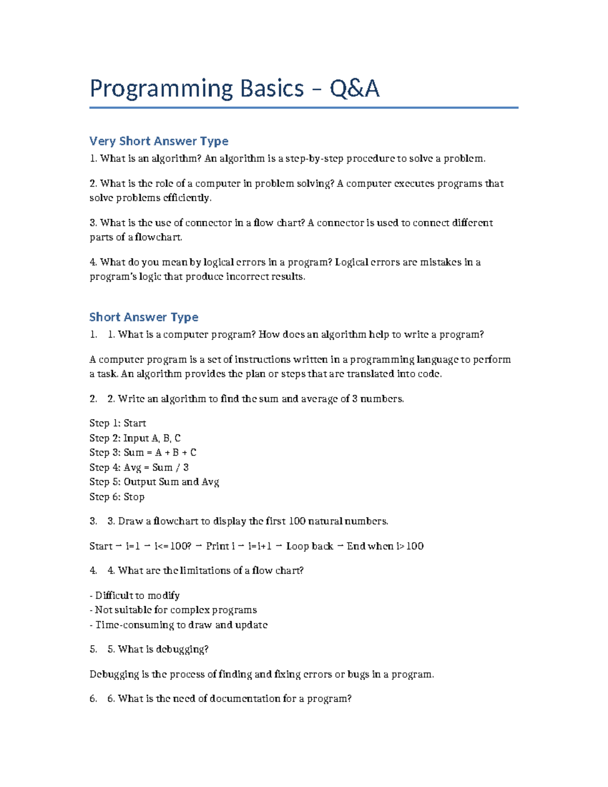 Programming Basics QA C 3: Short Answer & Algorithm Insights - Studocu