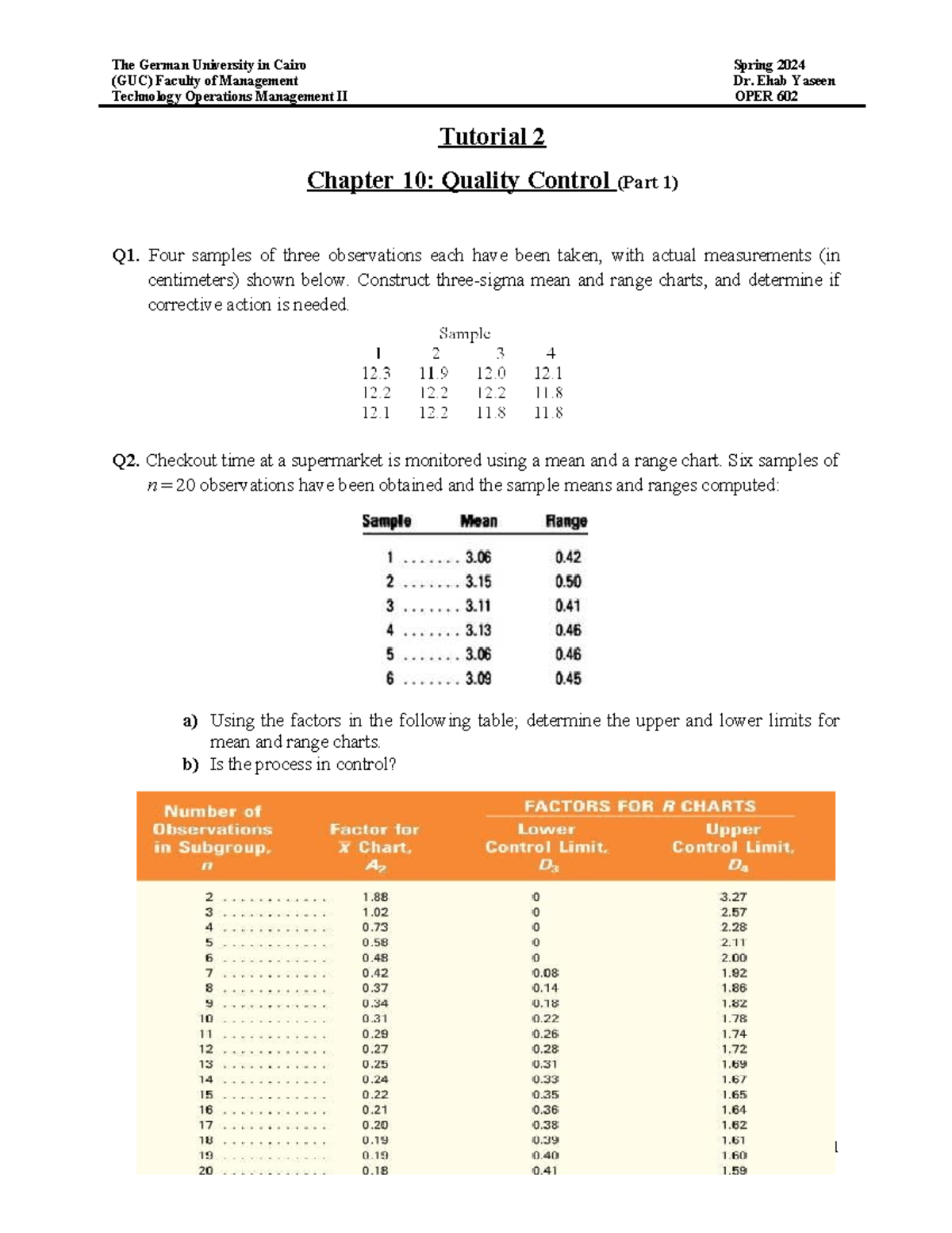 Spring 2024 OPER 602 Quality Control Tutorial 2 - Mean & Range Charts ...