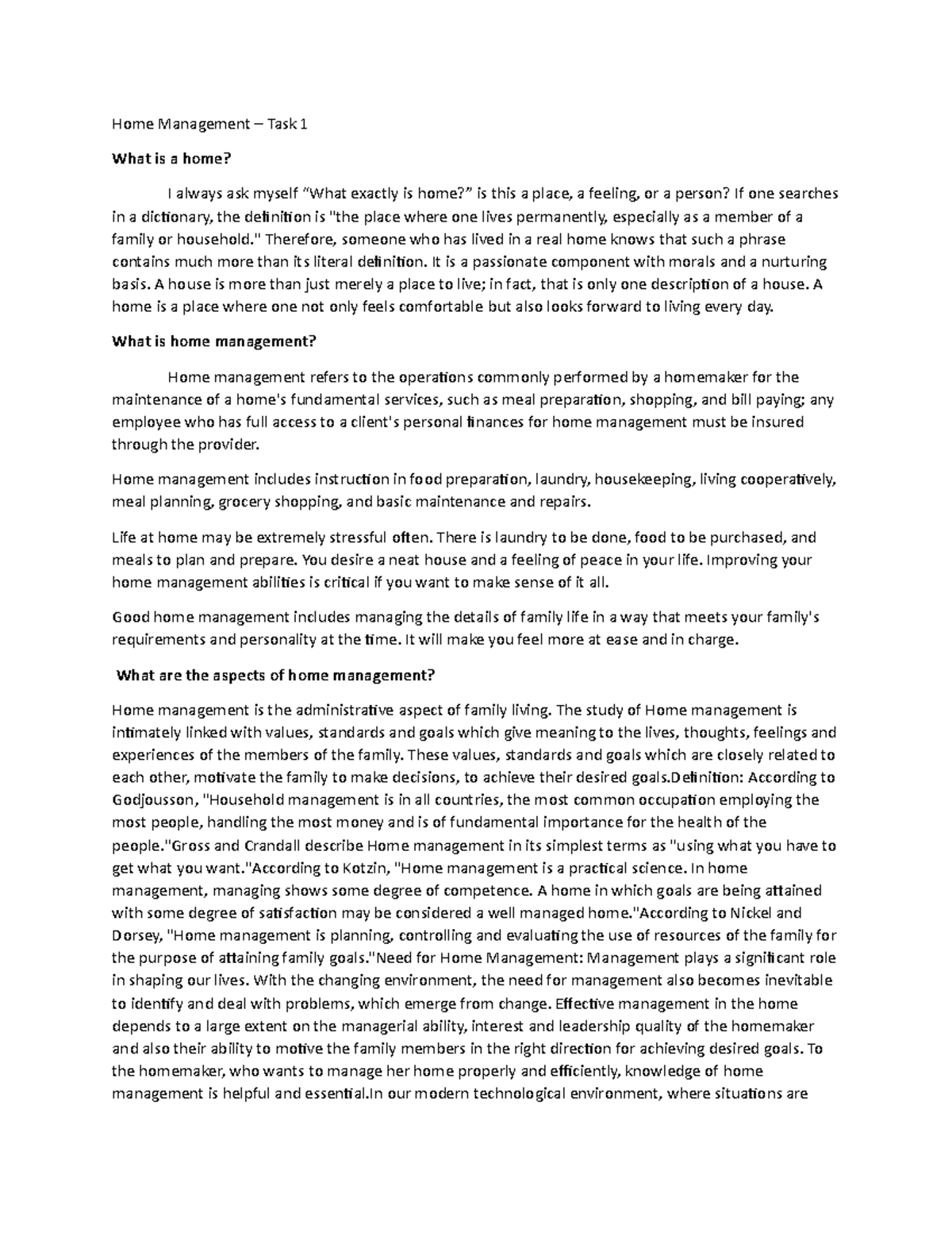 Home Management - Comprehensive Task 1 Reviewer Guide - Studocu