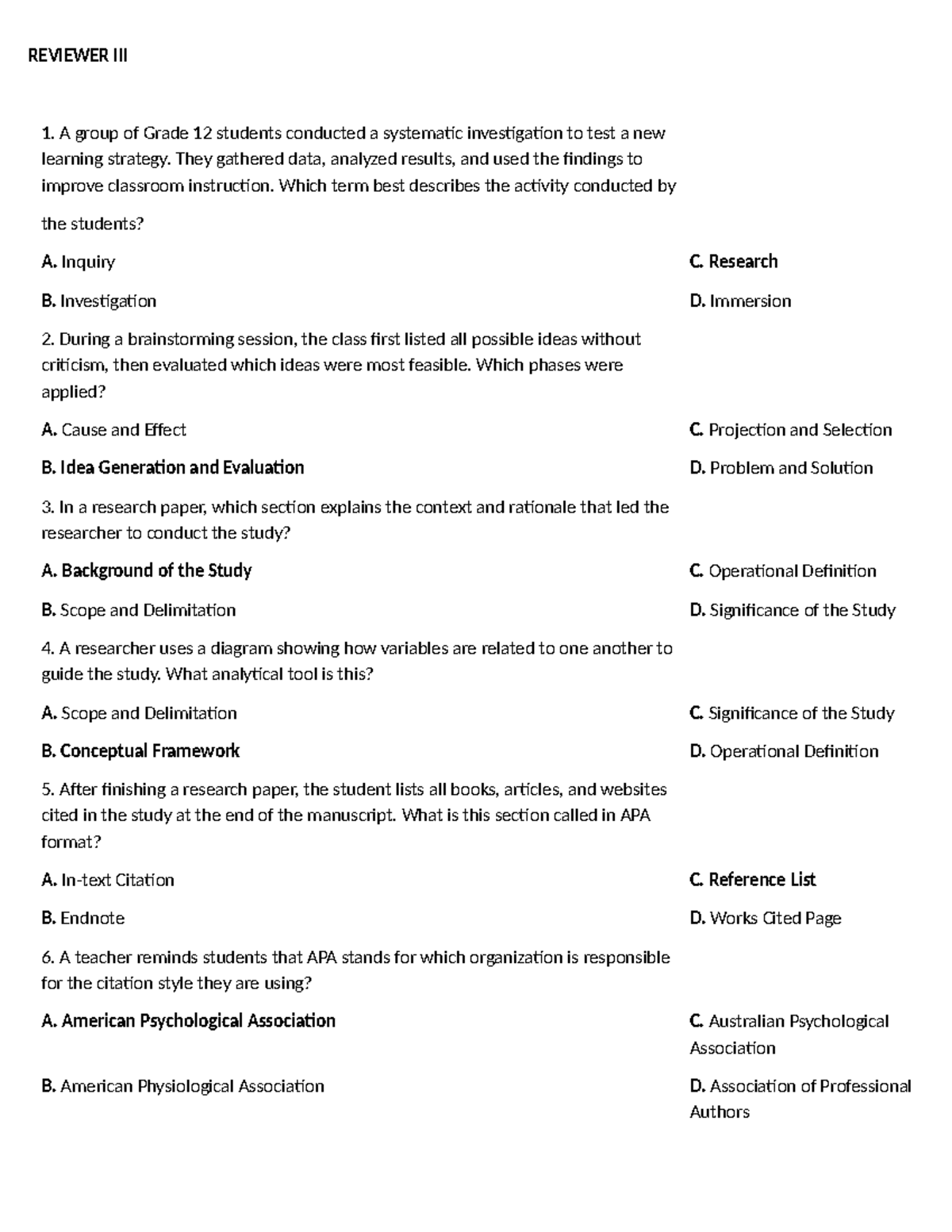 REVIEWER III: Grade 12 Research Methodology Questions and Answers - Studocu