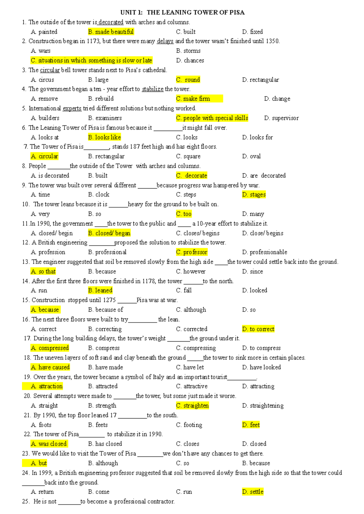 Unit 1: The Leaning Tower of Pisa - Test Questions and Answers - Studocu