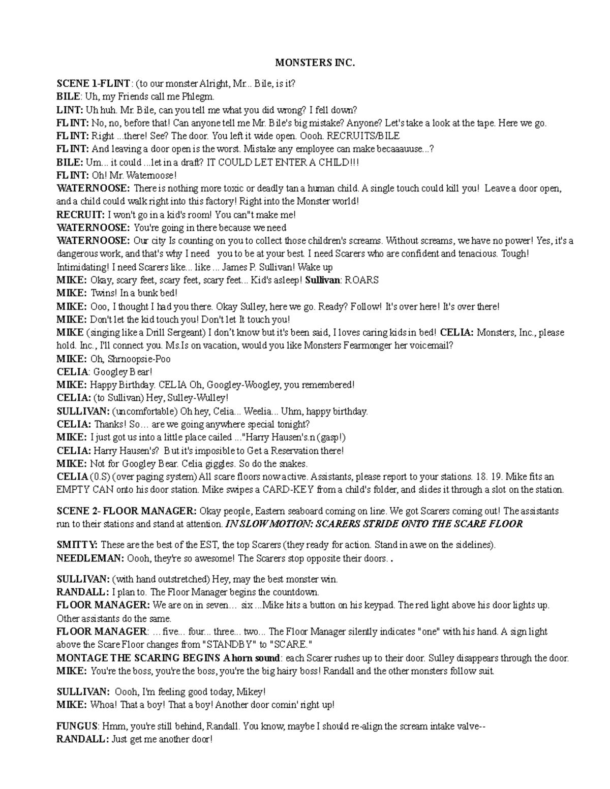 Monsters INC. Final Exam Script: Detailed Scene Breakdown - Studocu