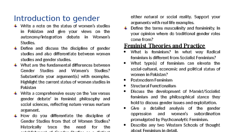 Gender Studies in Pakistan: Current Status and Key Debates - Studocu