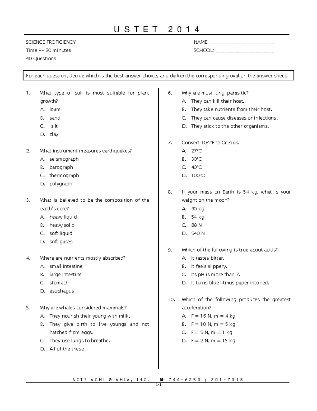 [ Ustet 2014 ] Science Proficiency - A C T S A C H I & A H I A , I N C ...