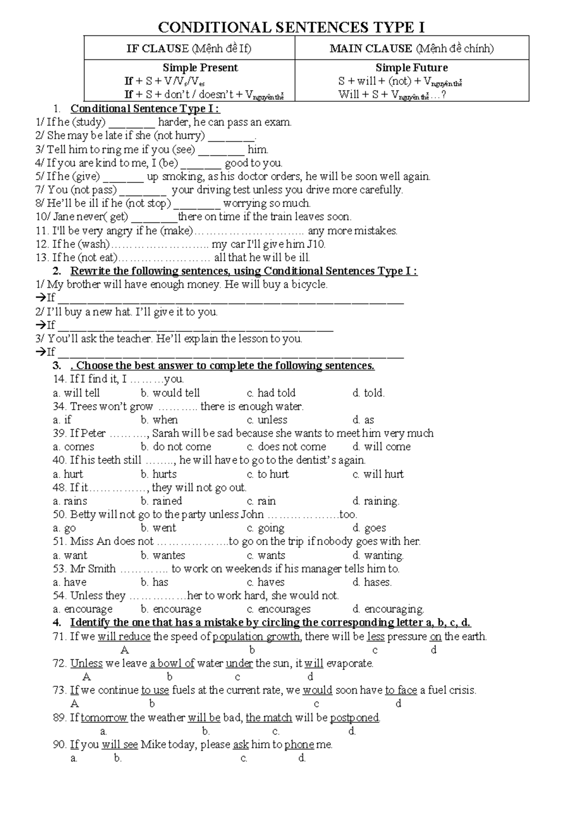 BAI TAP CAU DIEU KIEN LOAI 1 (Conditional Sentences Type I) - Studocu