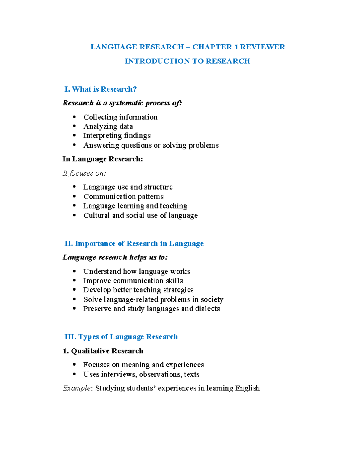 LANGUAGE RESEARCH I: CHAPTER 1 REVIEWER ON RESEARCH METHODS - Studocu