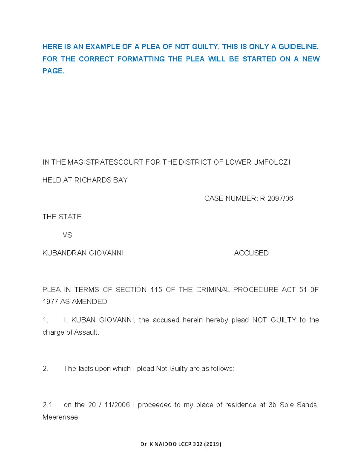An example of a plea - How to draft a plea of not guilty - HERE IS AN ...
