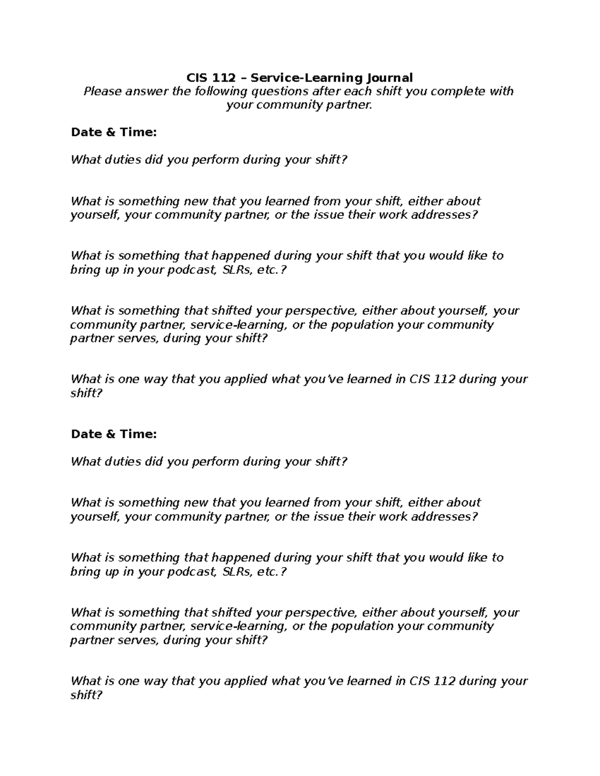 CIS 112- Service-Learning Journal Template - CIS 112 – Service-Learning ...