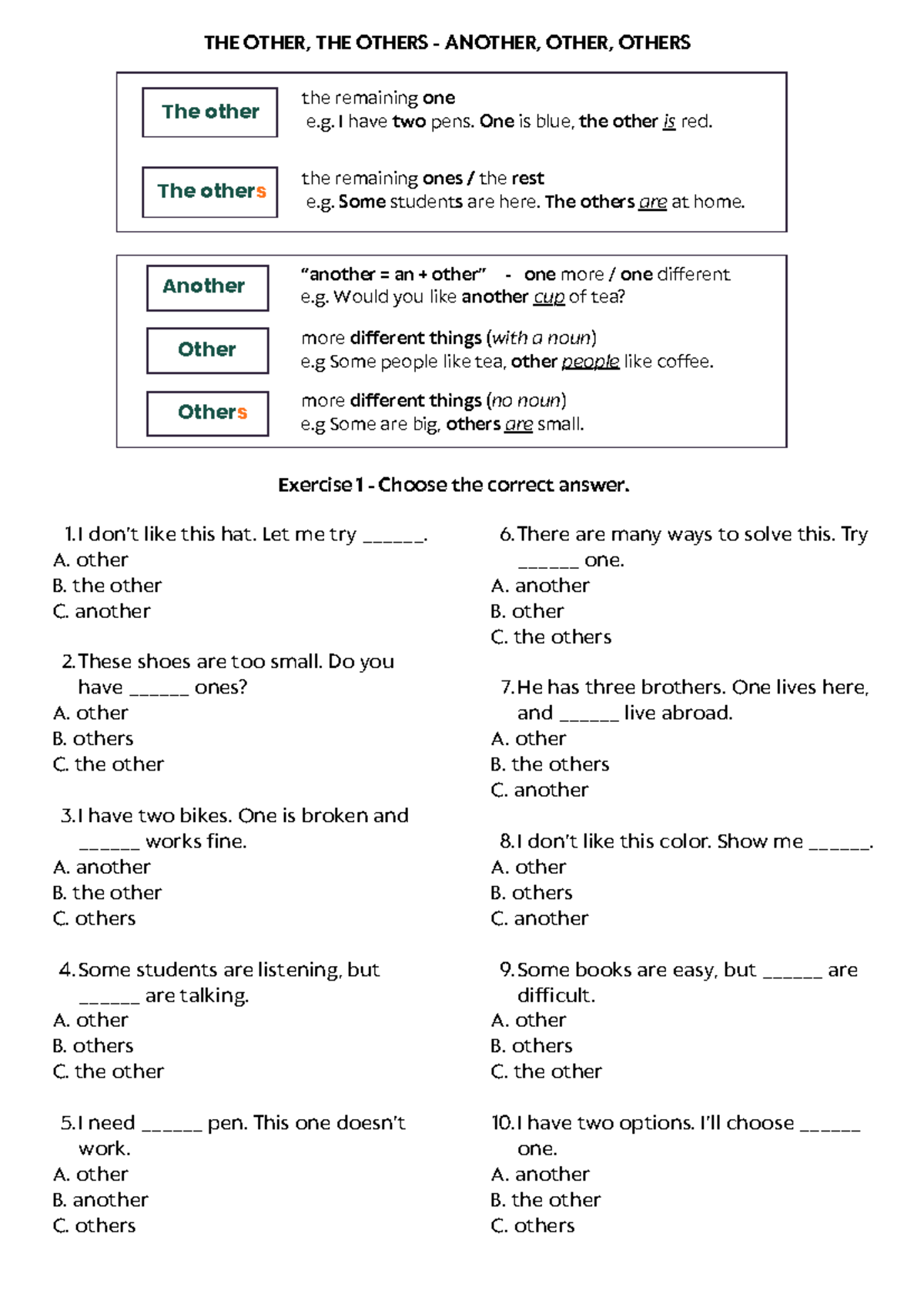 UNIT 11: Understanding 'Other', 'Others', and 'Another' - Exercises ...