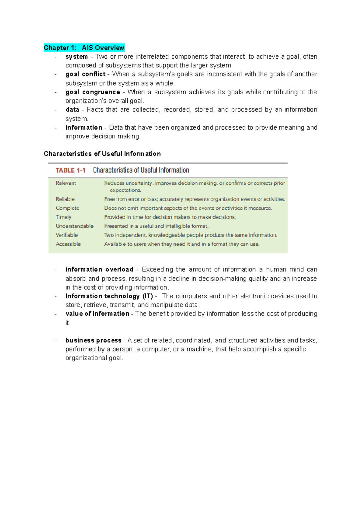 Rangkuman UTS SIA/AIS: Chapter 1 & 2 Overview and Key Concepts - Studocu