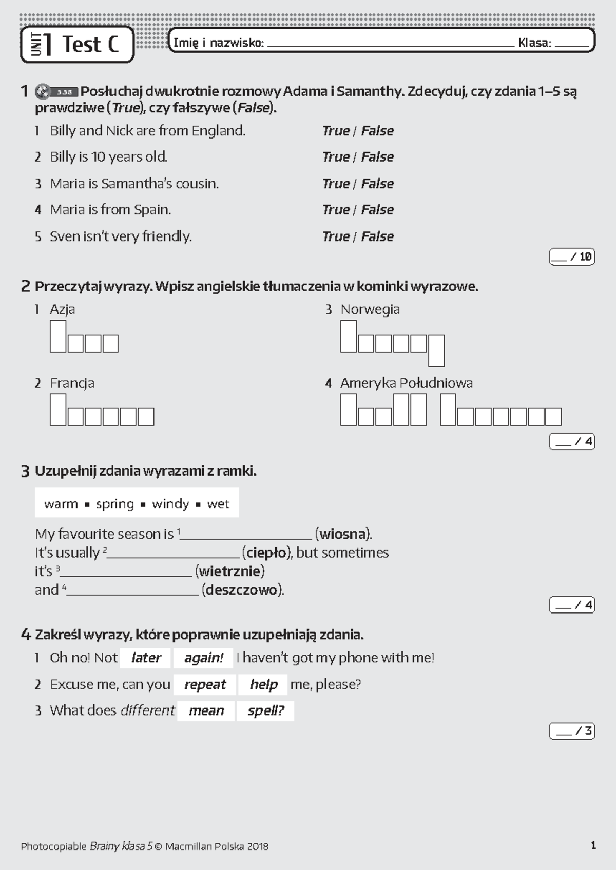 Brainy Klasa 5 Unit 1 Test C: Listening & Reading Comprehension - Studocu