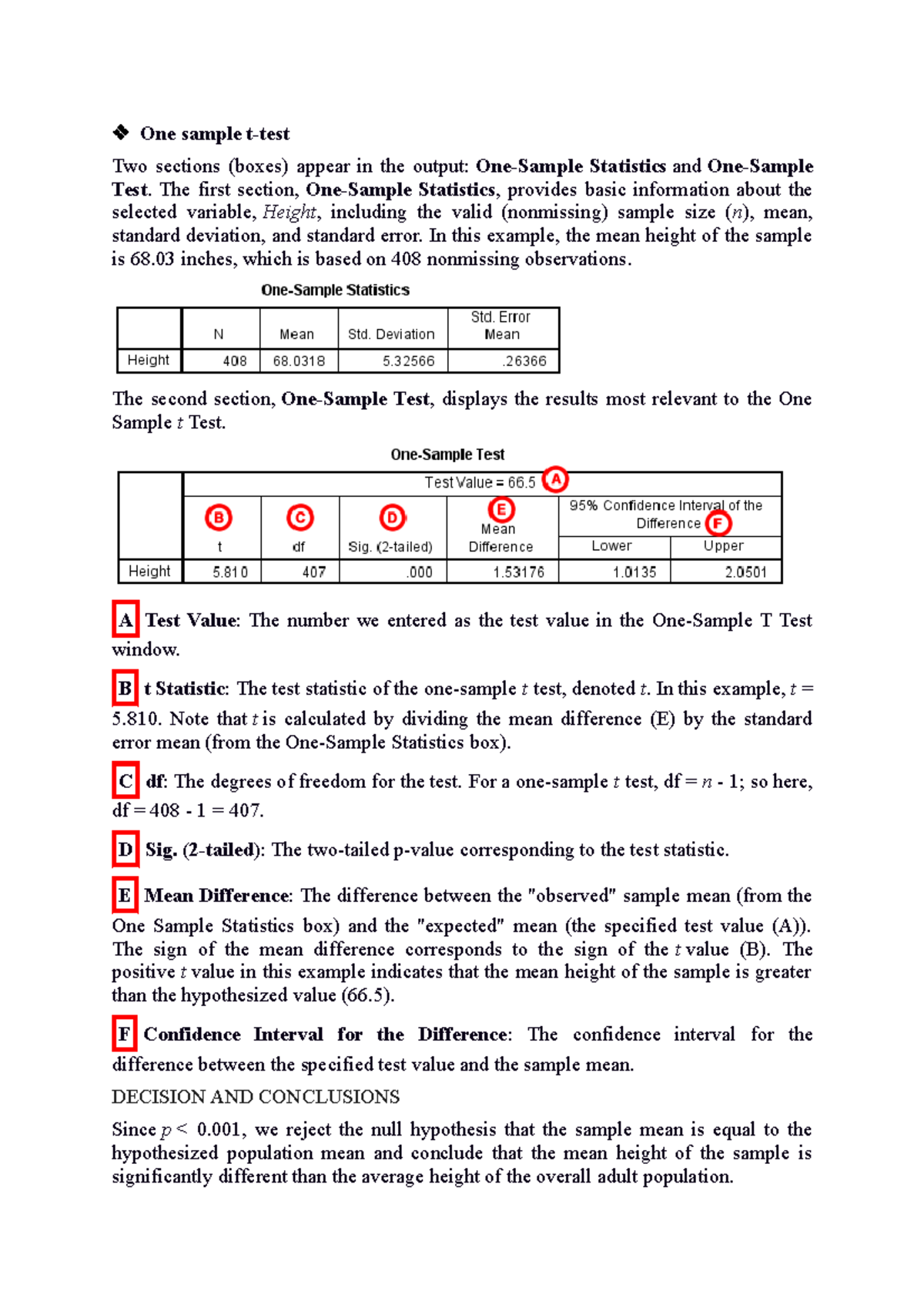 T-test - T-test Interpretation - One sample t-test Two sections (boxes ...