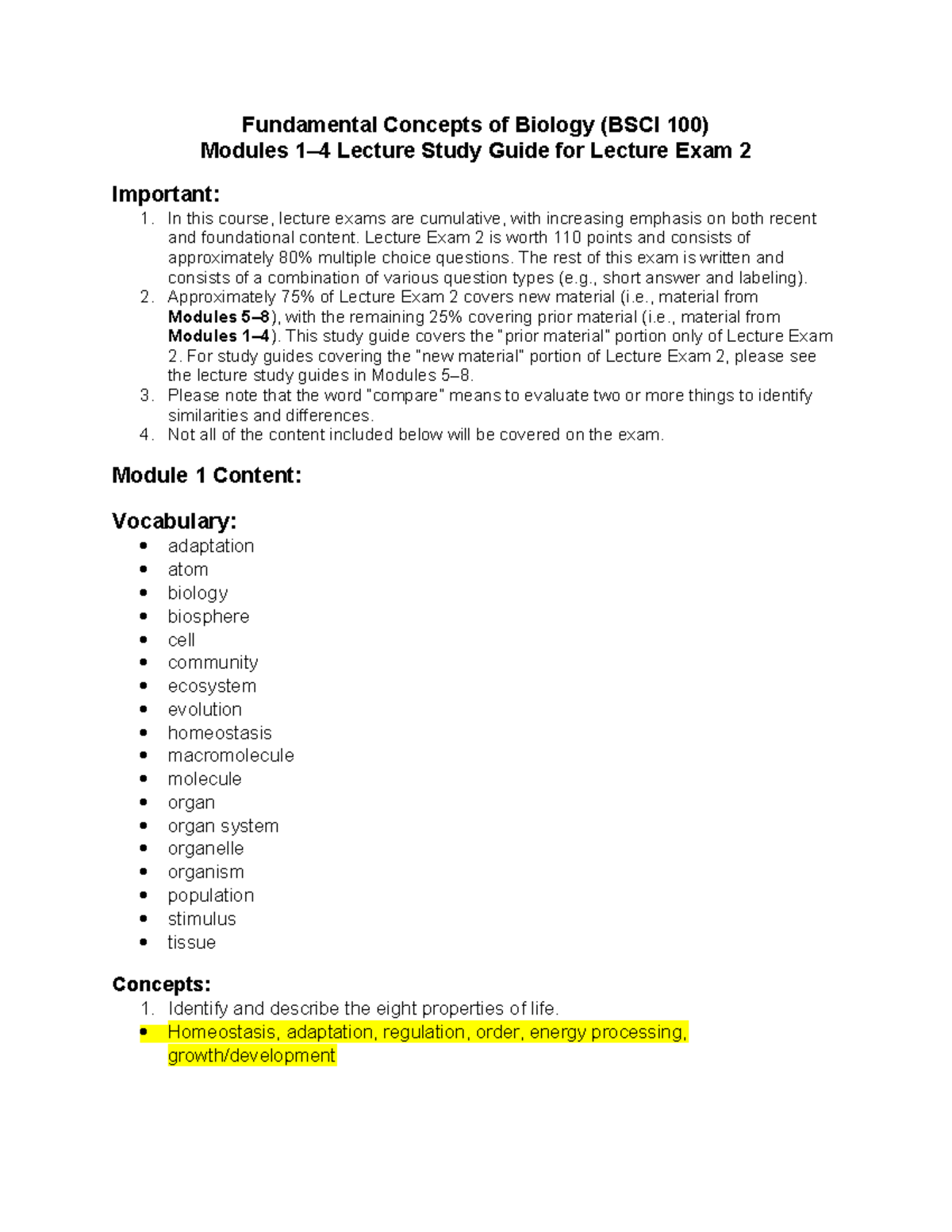 Fundamental Concepts of Biology Study Guide (BSCI 100) for Exam 2 - Studocu