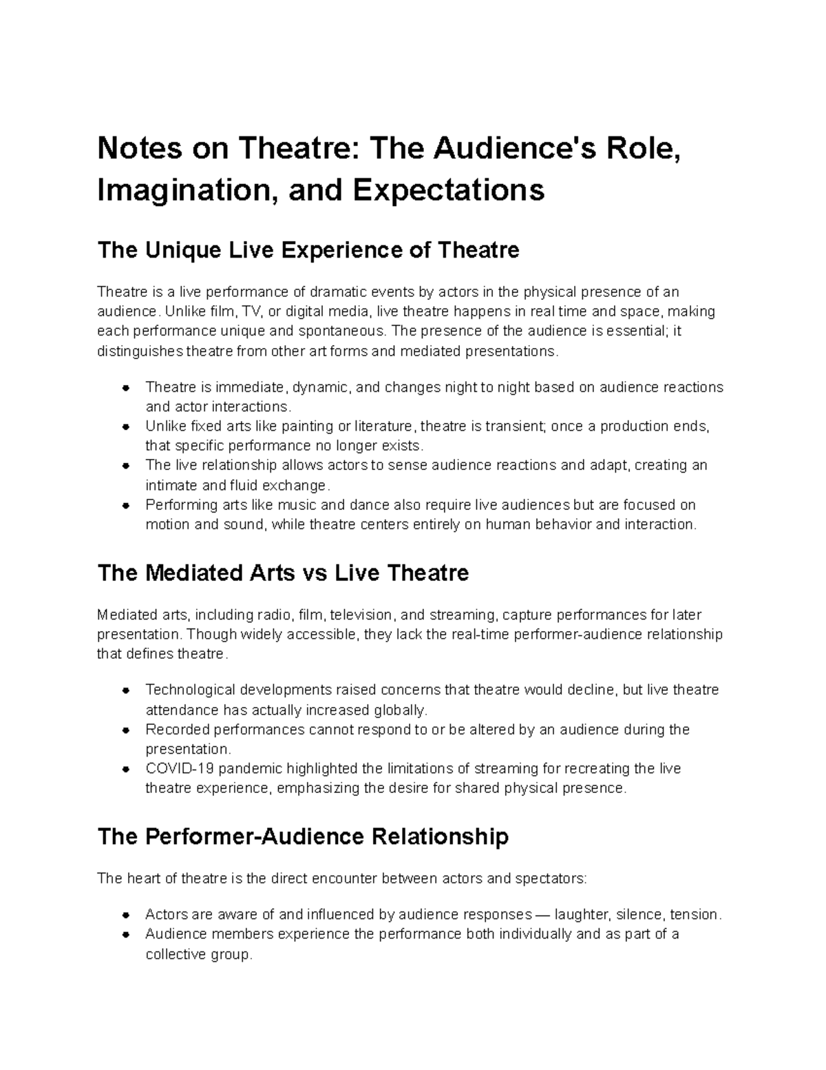 Theatre Appreciation (THR 101): Chapter 1 Summary on Live Performance ...