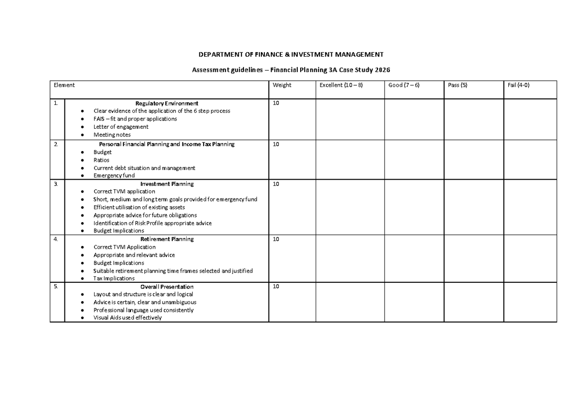 FIN 3A Case Study Assessment Guidelines & Rubric 2026 - Studocu