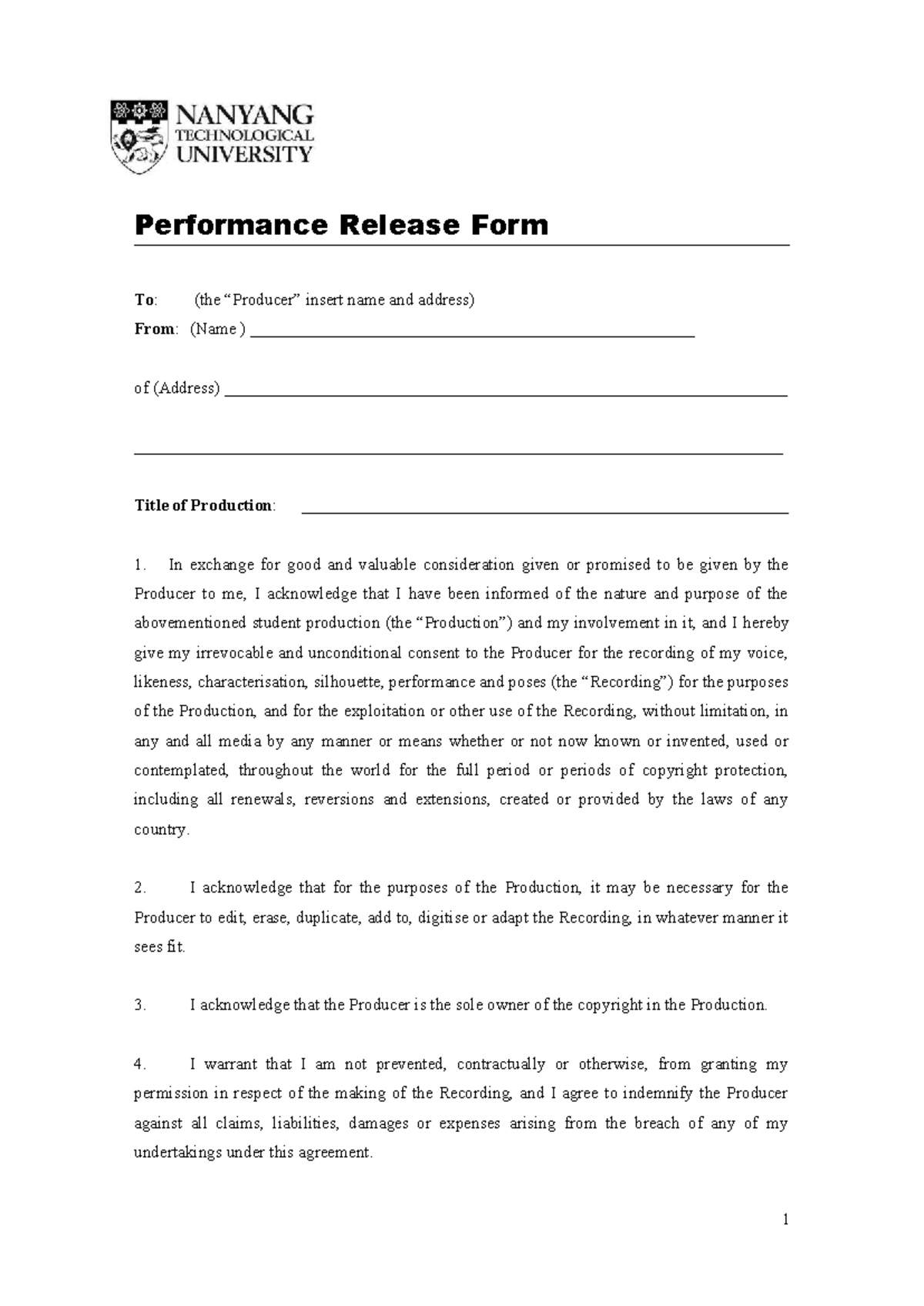 NTU - Performance Release Form for Student Production Consent - Studocu