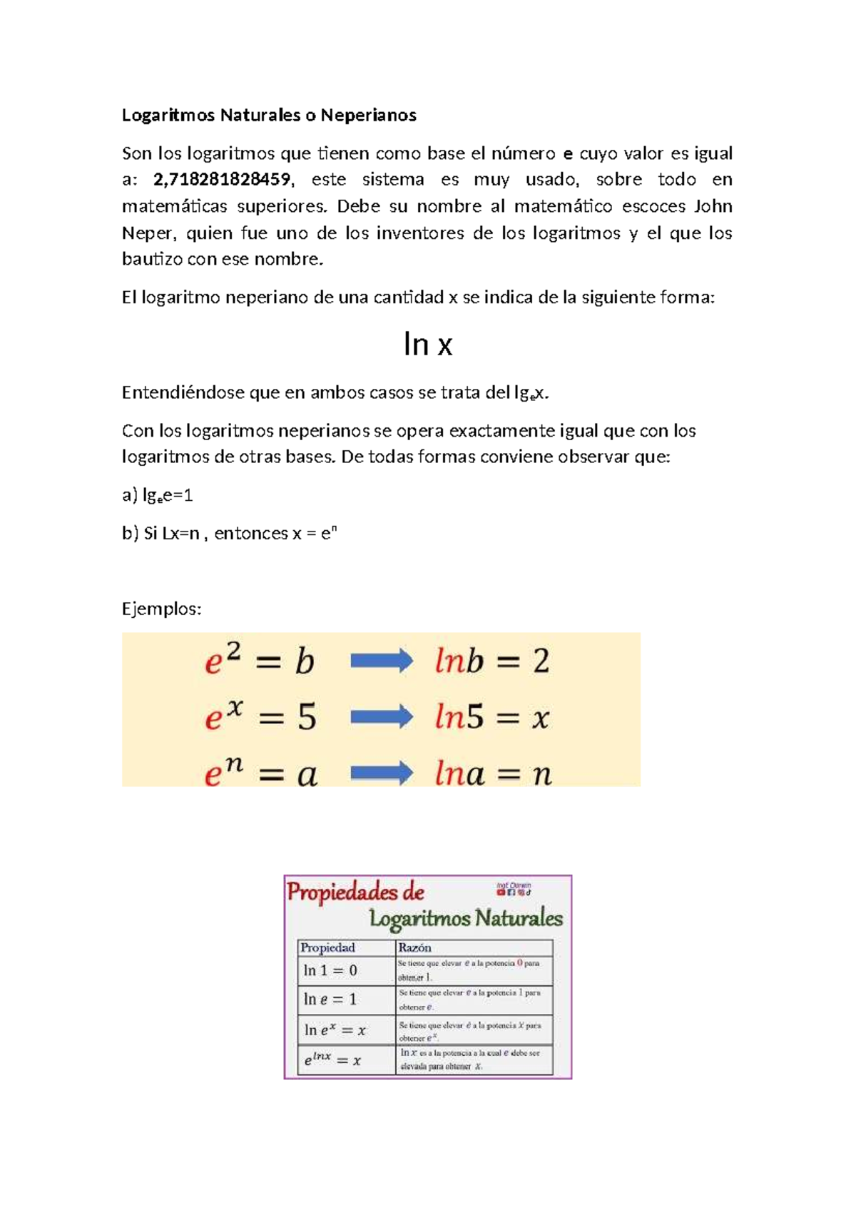 Logaritmos Neperianos: Conceptos y Ejemplos Matemáticos - Studocu