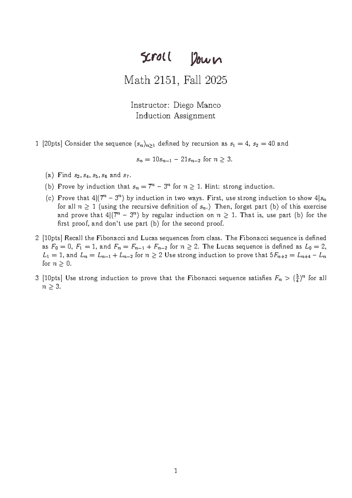 Math 2151: Induction Assignment 1 - Sequences and Proofs - Studocu
